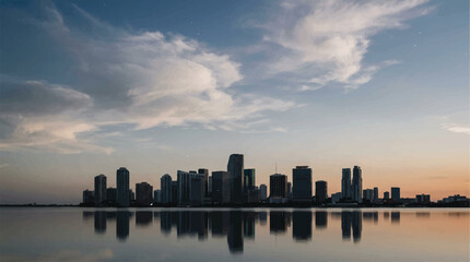 Obraz premium Dusk City Skyline Reflected on Calm Water, Evening Waterfront Silhouette.