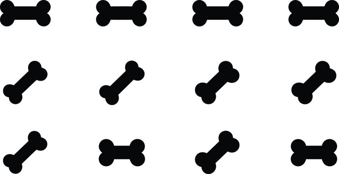 Dog bone vector icon set featuring simple black silhouette shapes at different angles ideal for pet food packaging design isolated on white background.