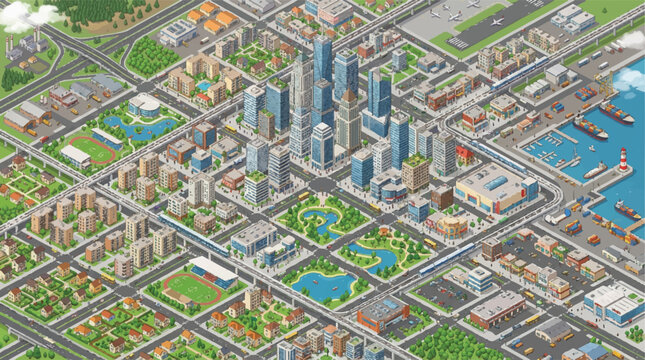Isometric cityscape with skyscrapers, streets, parks and waterways from above.