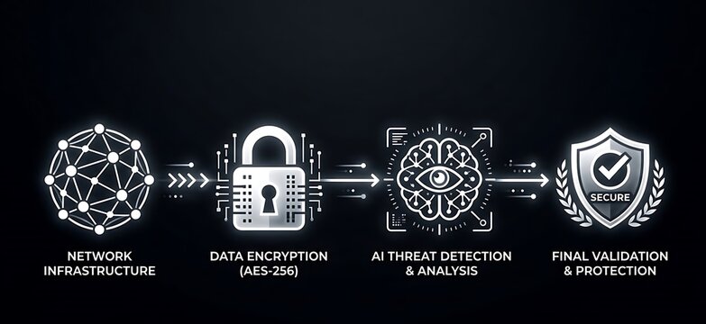 Cybersecurity workflow process with network infrastructure data encryption ai threat detection and final validation on a black background