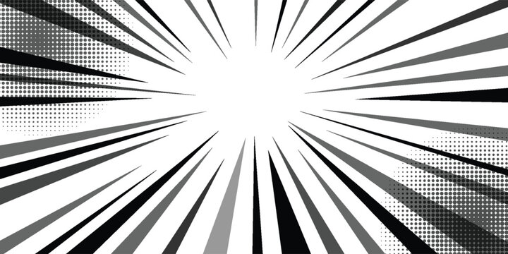 Intense manga speed lines and halftone dots background. Black and white radial zoom effect for comic book action and dramatic focus