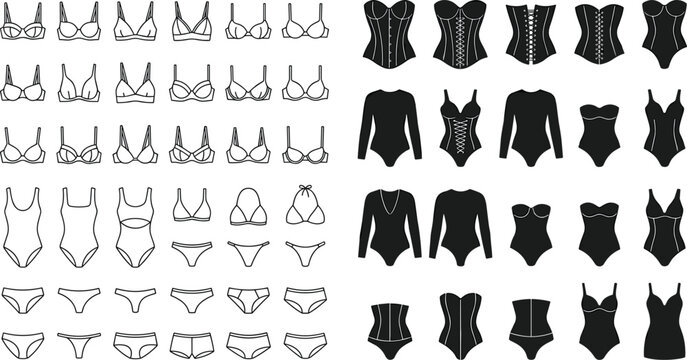 Women underwear line and silhouette icon set featuring lingerie bra panties bikini swimsuit corset bodysuit underwear collection isolated on a white background.