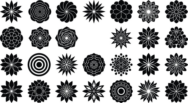 Geometric flower silhouette mandala icon set featuring black floral star rosette starburst elements perfect for cosmic luxury branding isolated on white background.