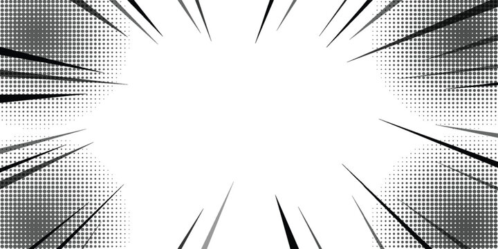 Manga speed lines and halftone dots background. Black and white zoom effect frame for comic book action isolated on white