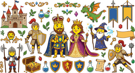 Naklejka premium Medieval Fantasy Kingdom Sticker Set with King, Queen, Knight, Wizard, Dragon, Castle, Treasure Chest, and Magic Elements for Game and Story Designs 