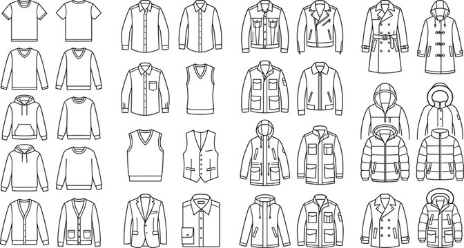 Men clothing line icon collection featuring casual fashion apparel outline templates like t-shirt shirt jacket hoodie coat vest isolated on white background.