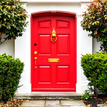 Elegant red door with gold hardware. Classic design and vibrant color make a bold statement. Security features include a peephole on white or transparent background