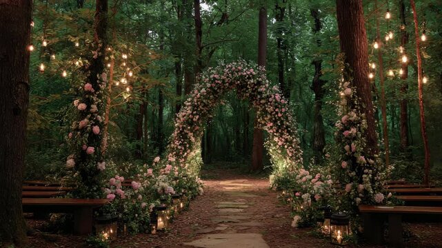Floral wedding arch with string lights in forest