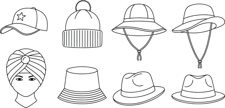 Vintage outline hat collection featuring cap beanie bucket fedora turban and sun hats