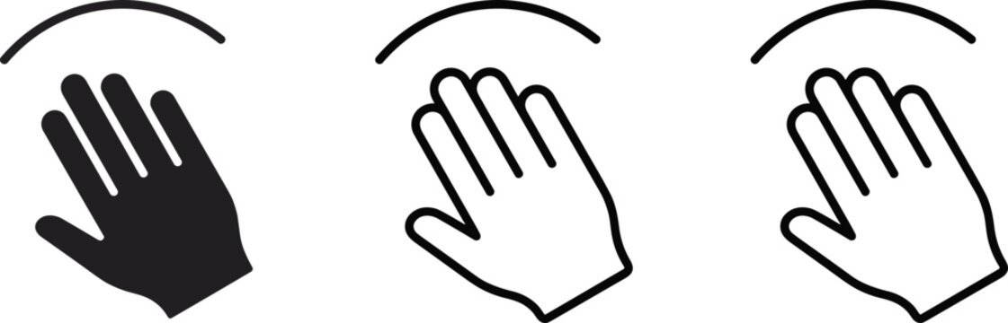 Hand Wave Icon Set with Solid Black Outline and Wave Arc Symbols for Friendly Hello Welcome Screen Interfaces and Digital Communication Graphic Designs