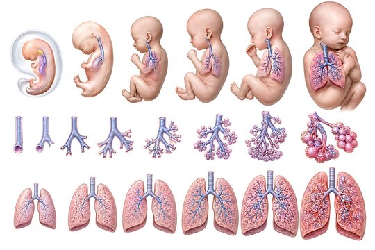 Fetal lung development stages diagram, human embryonic respiratory system maturation, anatomy medical illustration