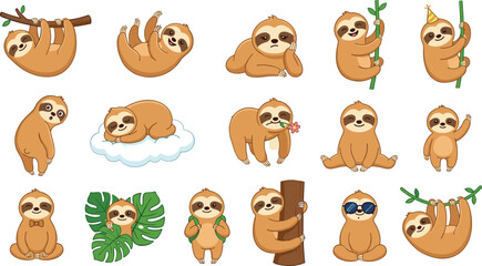 Naklejka premium Kawaii Sloth Set Featuring Sloths in Various Poses with Fun Expressions