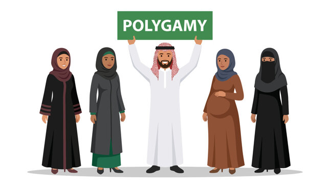 Middle Eastern Man Standing with Four Wives Holding Polygamy Sign.