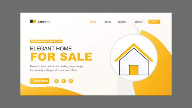 Elegance Home for Sale: A visually appealing webpage for real estate showcasing an inviting home design, accompanied by concise details, and a clear call to action.