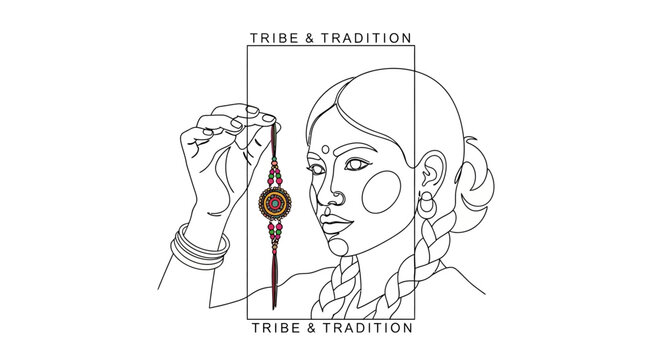 Minimalist Line Art Illustration of an Indian Woman Holding a Rakhi Bracelet.