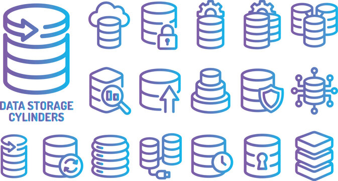 Data storage cylinders icons database management and cloud technology with blue purple gradient.
