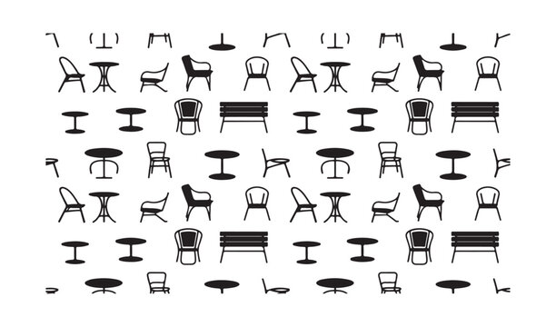 Set of many chairs and tables, furniture for cafe restaurant top view outdoor indoor.