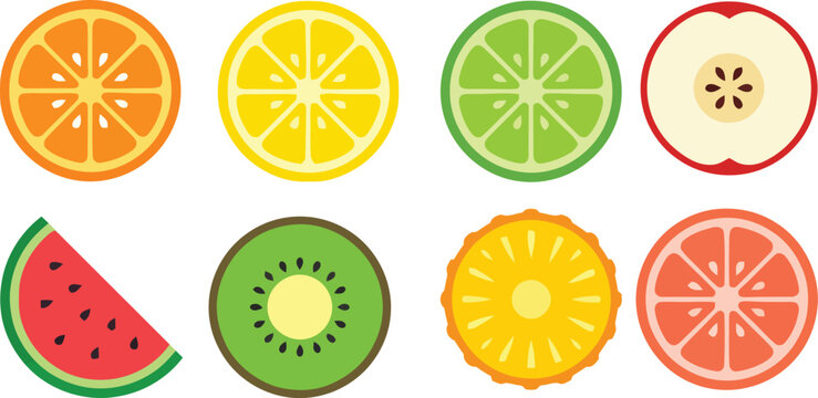 Bundle of eight colorful flat fruit slice icons featuring orange watermelon kiwi lemon lime pineapple grapefruit