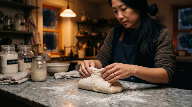 Hands kneading bread dough on flour dusted marble counter, artisan baking process, kitchen craft concept, traditional bread making, culinary skill