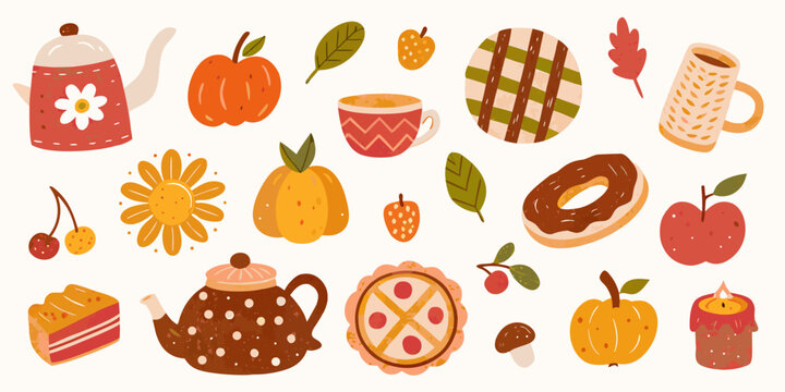 autumn still life illustration with seasonal objects and warm colors
