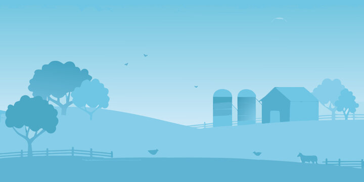 blue monochromatic farm landscape with trees and barn