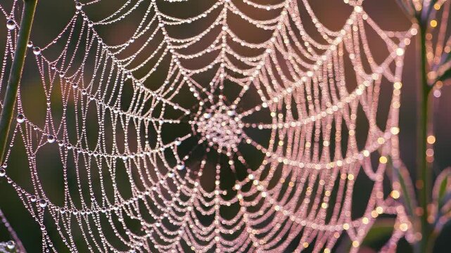 Close-up of a dew-covered spider web shimmering in the morning light