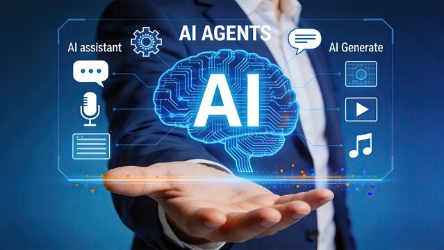 Hand holding holographic AI brain with agents interface, generative artificial intelligence, machine learning assistant, voice recognition, content creation tools, future