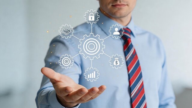 Businessman presenting gear icons with strategy plan symbols, project management workflow, teamwork collaboration, financial growth analysis, leadership skills, corporate