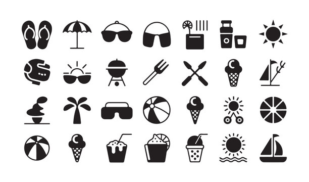 Summer vacation icons collection for beach travel and outdoor recreation.