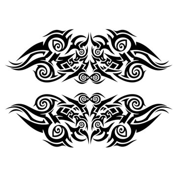 Black tribal tattoo design with swirling patterns and curves  