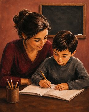 The teacher helps the boy with his homework