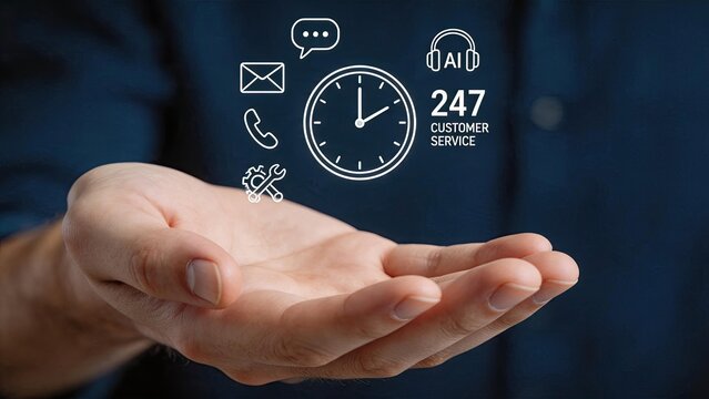 AI customer service support 24/7 clock contact icons, automated help desk and technical assistance available anytime for client satisfaction and care.