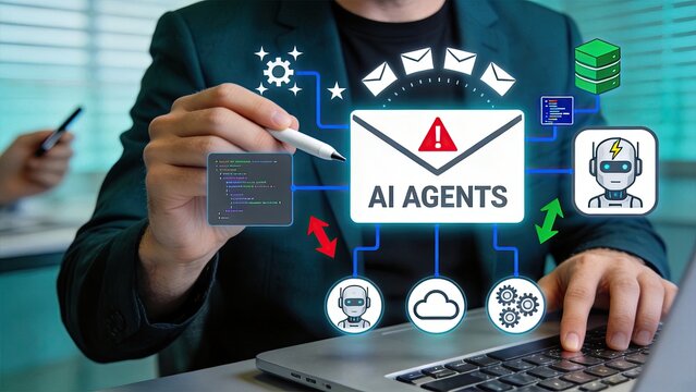 Artificial intelligence agents managing email automation workflow, robotic assistant processing messages and code, cloud computing integration and smart technology solution for