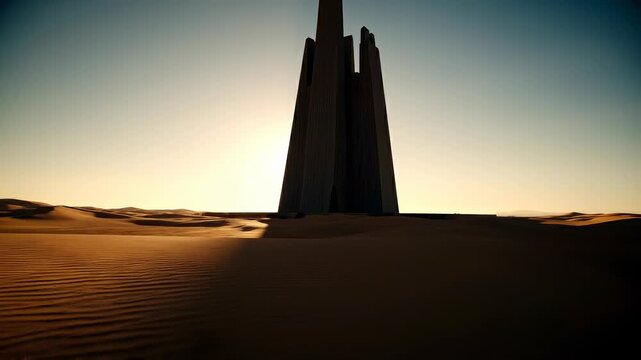 Epic desert landscape with towering monolithic structure at sunset