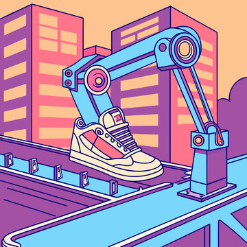 Robotic arm assembling modern sneaker on conveyor belt with robotics manufacturing assembly