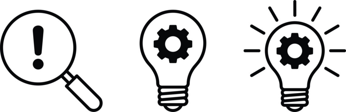 Business Problem Solving Icon Set Featuring Magnifying Glass with Exclamation Mark and Light Bulb with Gear for Innovation Process and Solution Designs