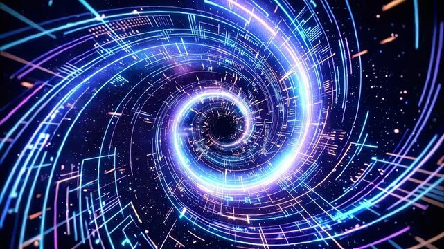 Futuristic neon data spiral vortex tunnel digital abstract, glowing circuit tunnel swirl cyberspace, dynamic motion cyber technology background