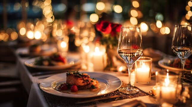 A romantic dinner table setup with candles, elegant plates, and gourmet dishes, captured in a dimly lit atmosphere with soft bokeh lights creating an intimate dining mood