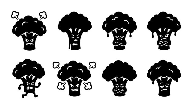 Angry Broccoli Vector Icons Set, Expressing Frustration and Annoyance, Cartoon Vegetable Characters for Food and Health Concepts