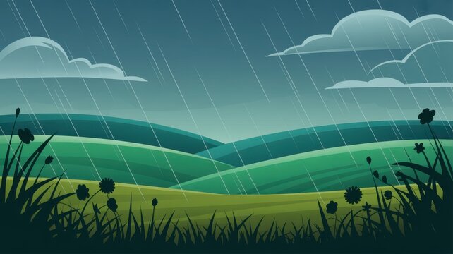 Stylized cartoon illustration of rolling green hills during a rainy day