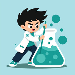 Fototapeta premium Energetic Kid Scientist Mixing Bubbling Green Potion