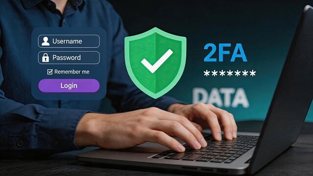 Two factor authentication security concept with login form, password protection shield and verification code on laptop screen for safe online account access and identity