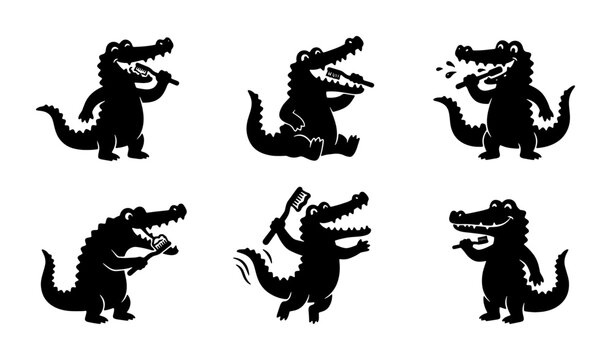 Cute Alligator Icons, Crocodile Vector Set, Playful Reptile Illustrations for Kids, Dental Hygiene Themes, Black and White Silhouettes