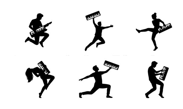 Dynamic Musician Silhouettes, Keyboard Player & Guitarist Poses, Energetic Performance Vector Set, Music Event Graphics