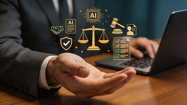 Artificial intelligence legal compliance and regulation concept with scales of justice, gavel and checklist icons for ethical ai governance and law technology integration.