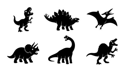Set of Six Black Dinosaur Silhouettes, Prehistoric Creatures Vector Icons, Jurassic Era Animals Collection for Kids and Education © Mohammad