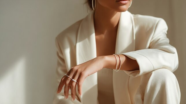 Woman in white suit with jewelry