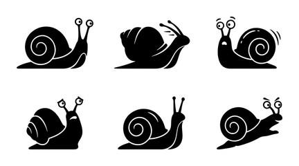 Set of Six Black Silhouette Snail Icons, Vector Illustrations of Gastropods with Expressive Eyes, Ideal for Nature and Wildlife Graphics © Sharmin