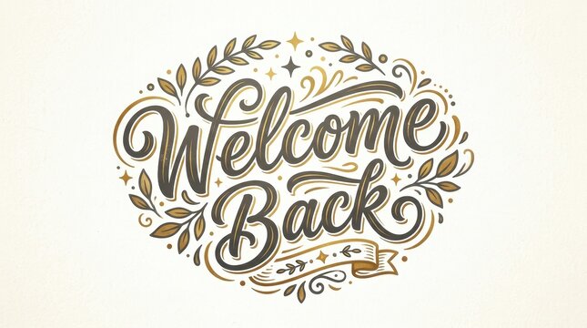 Welcome Back, hand drawn lettering logo icon in trendy golden grey colors. Vector phrases elements for postcards, banners, posters, mug, scrapbooking, pillow case, phone cases and clothes design.