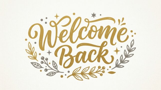 Welcome Back, hand drawn lettering logo icon in trendy golden grey colors. Vector phrases elements for postcards, banners, posters, mug, scrapbooking, pillow case, phone cases and clothes design.